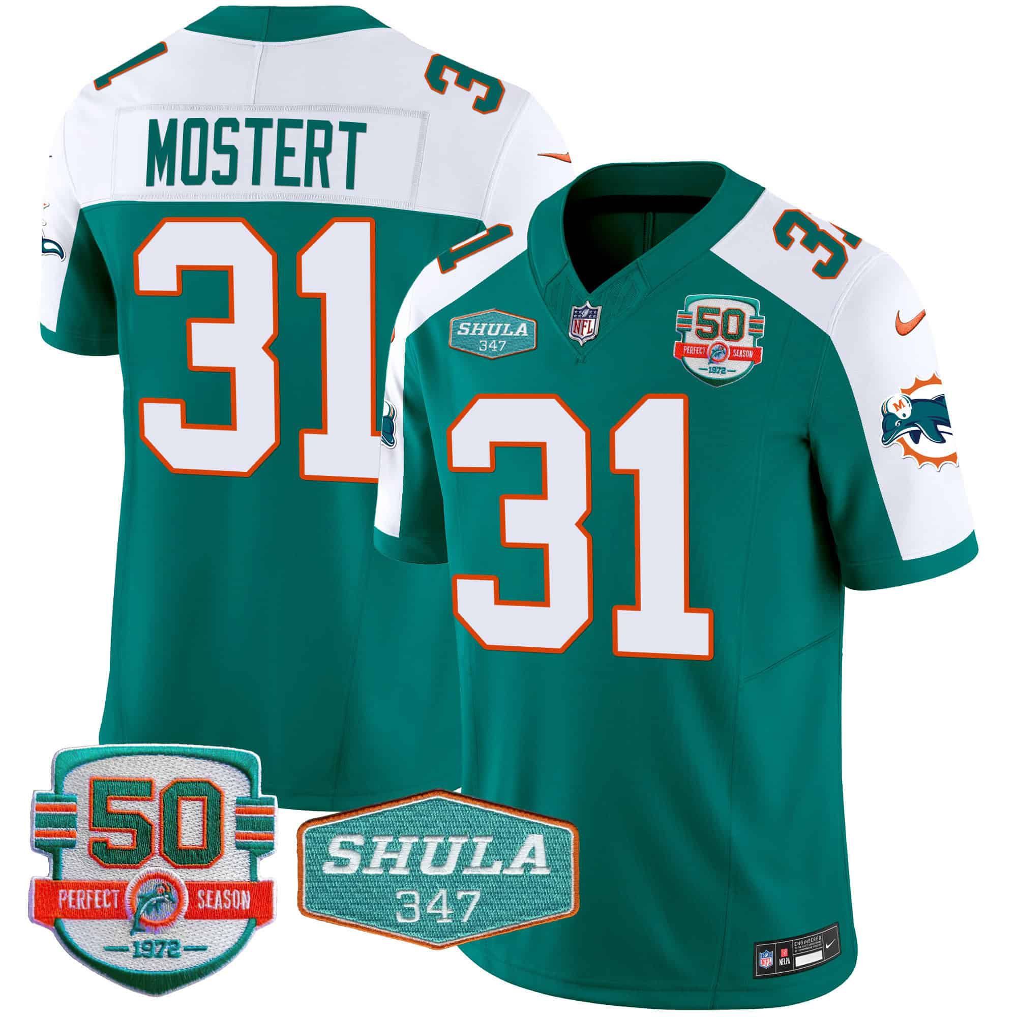 Men Miami Dolphins #31 Mostert Green 2024 Nike Throwback Shula 347 Patch Vapor NFL Jersey